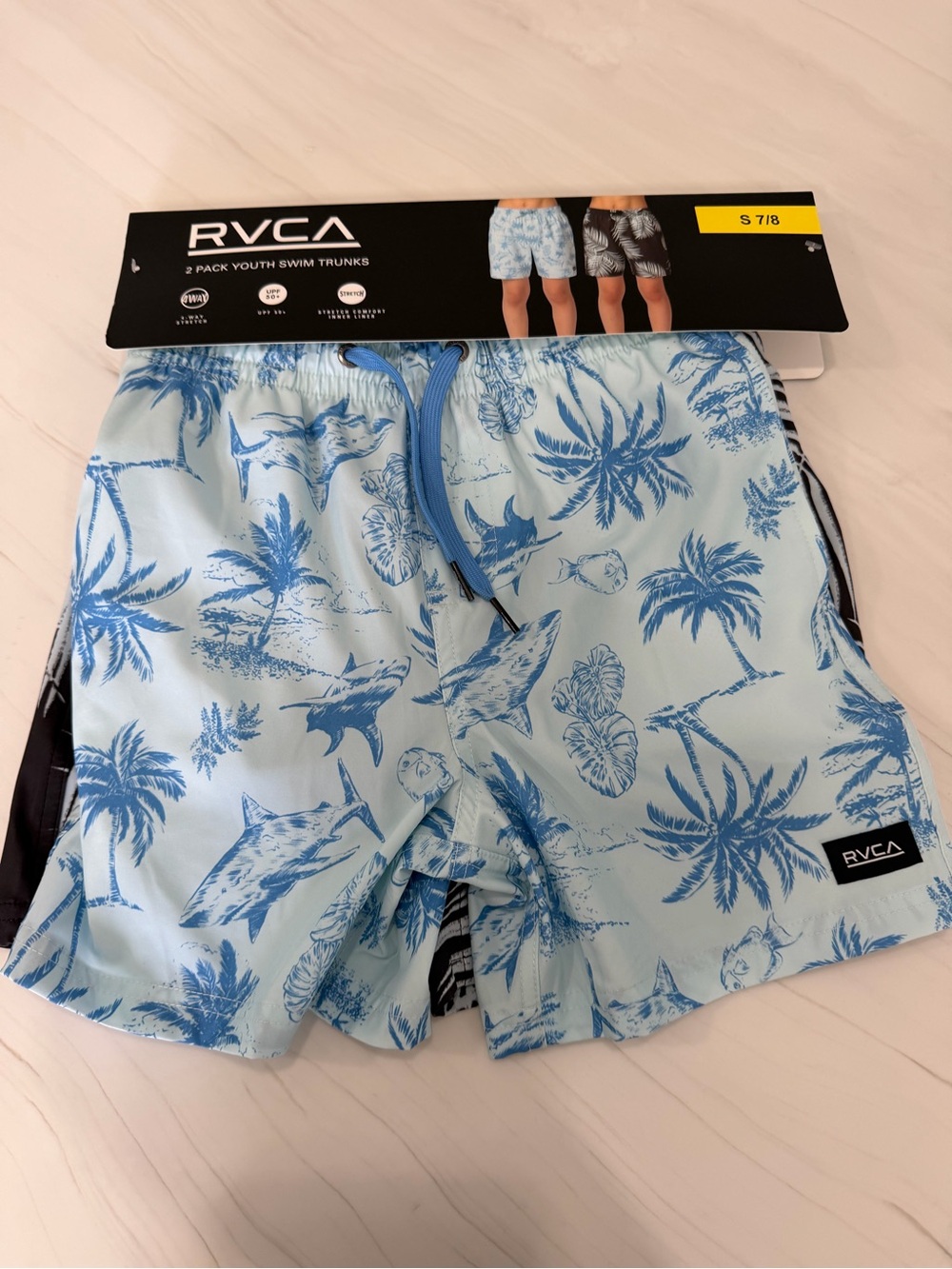 RVCA Light Blue Tropical Shark Print Youth Swim Shorts